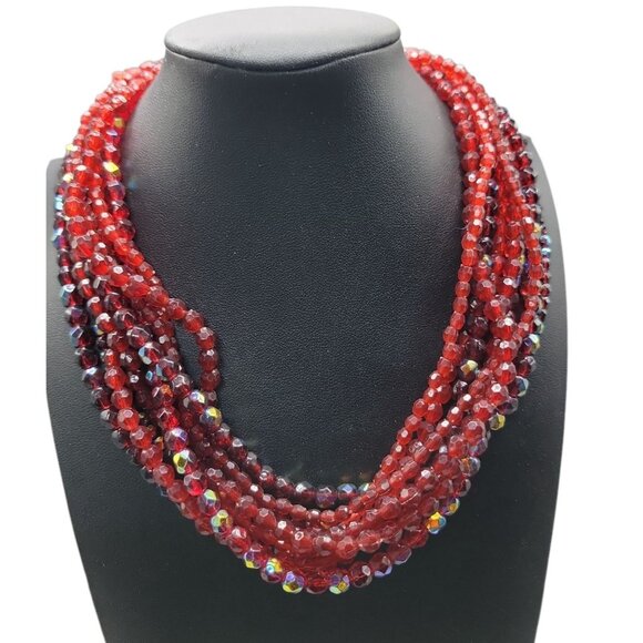 Vtg Red Multi-Strand Necklace Torsade Choker Small Beaded Simulated Crystals 20" - Picture 4 of 8